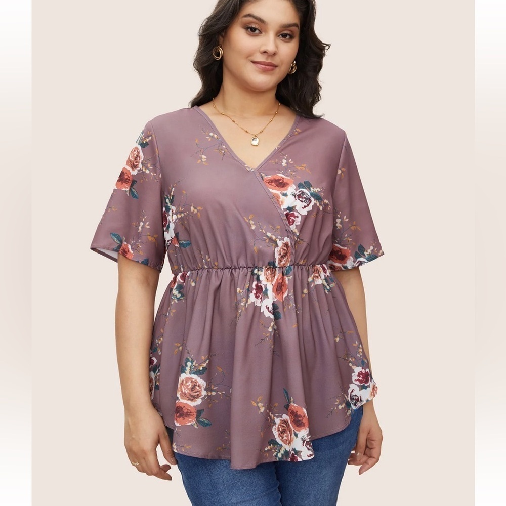 Bloomchic Floral Print Wrap Ruffles Asymmetrical Hem Burgundy Blouse